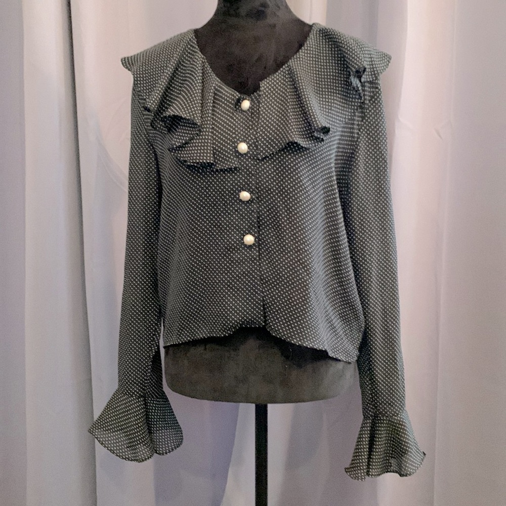 Sexy sheer black polka dot blouse it’s bell sleeves and pearl buttons.